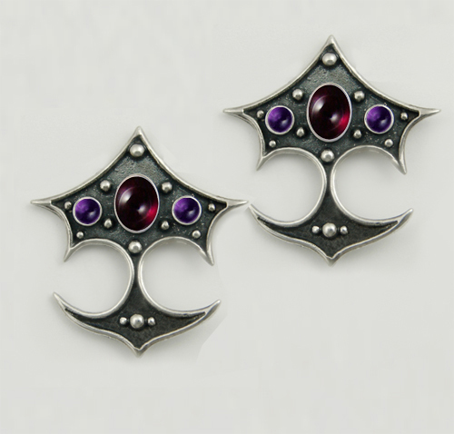 Sterling Silver Gothic Drop Dangle Earrings With Garnet And Amethyst